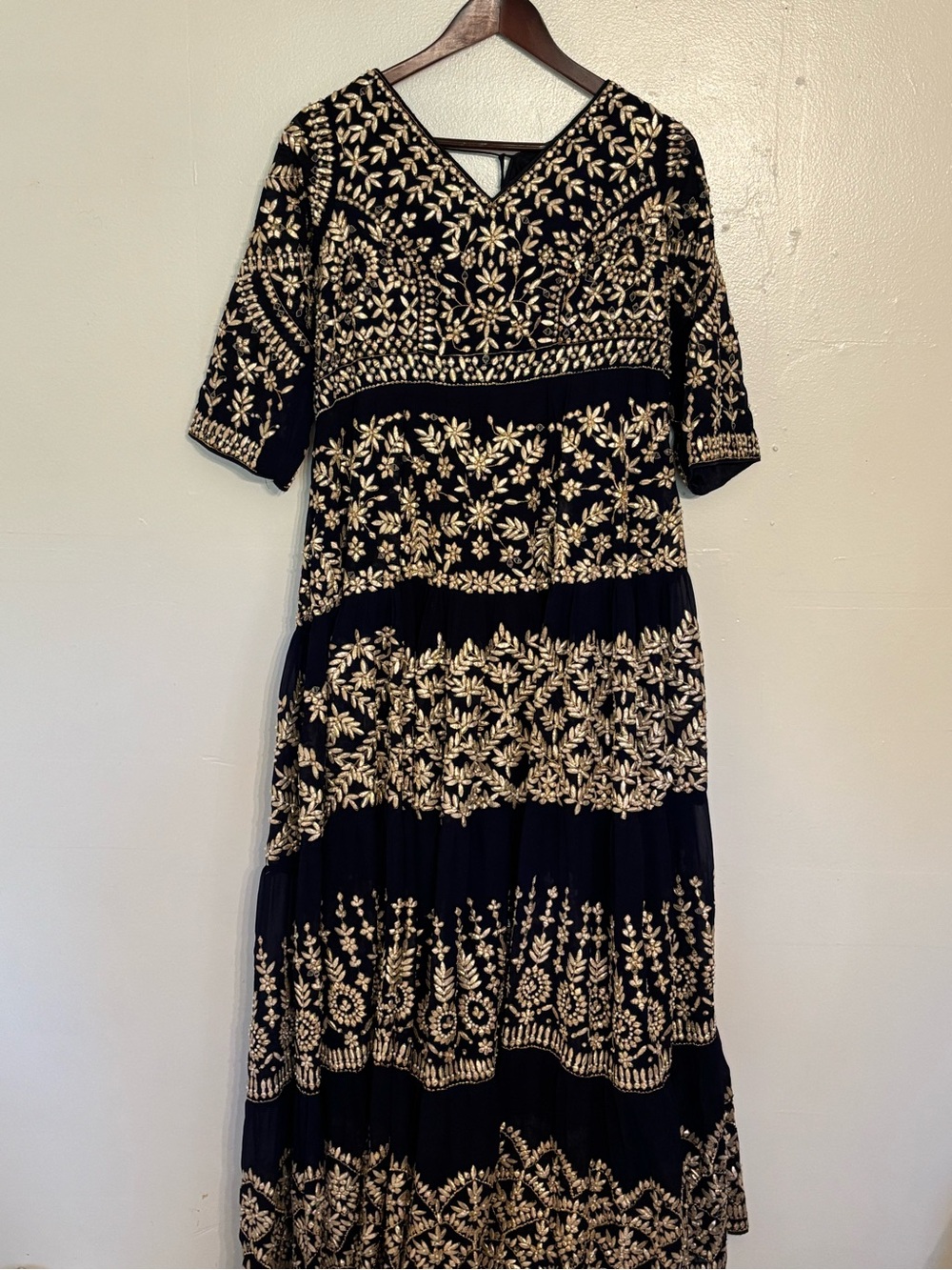 Source Unknown navy Maxi Dress with Cream Floral Embroidery